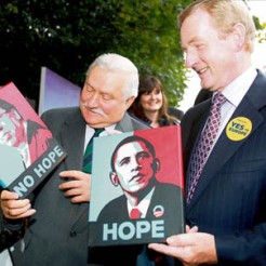 Enda Kenny & Lech Walesa hold my paintings at Stephen's Green art exhibition in Dublin.